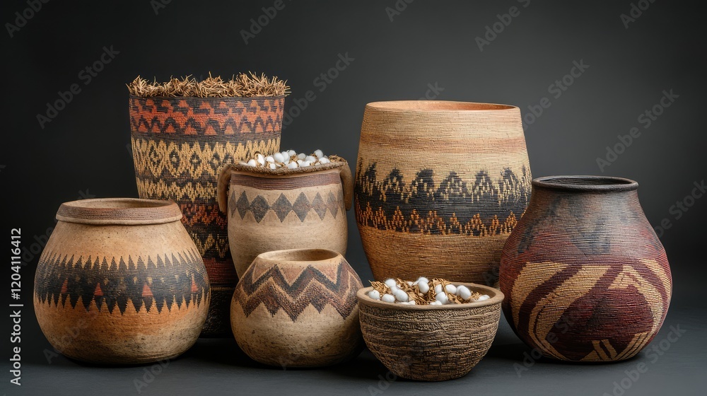 Poster colorful traditional pottery collection with intricate patterns and decorative elements on a dark ba