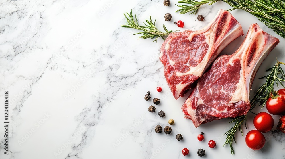 Poster raw lamb chops with fresh herbs tomatoes and spices on a marble countertop with copy space for text 