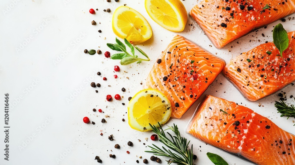 Poster raw salmon fillets with lemon slices and mixed peppercorns on a white background with fresh herbs an