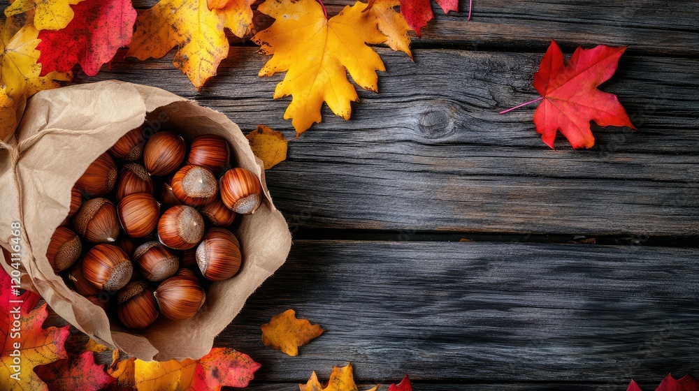 Poster autumn composition with hazelnuts in a paper bag surrounded by colorful maple leaves on rustic woode