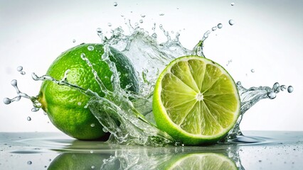 Vintage Style Lime & Water Splash - Refreshing White Background Stock Photo