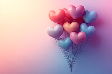 A realistic bundle of heart-shaped pastel balloons, featuring delicate textures, an aesthetic and dreamy atmosphere, harmonious composition, and cinematic quality