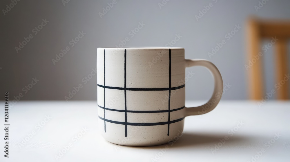 Poster ceramic mug with geometric black lines on a light background positioned on a table with minimalistic