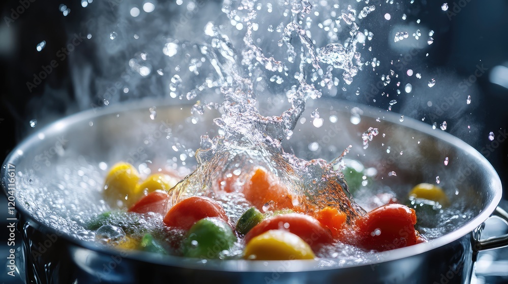 Poster fresh vegetables splashing in boiling water with droplets and steam creating dynamic textures in a s