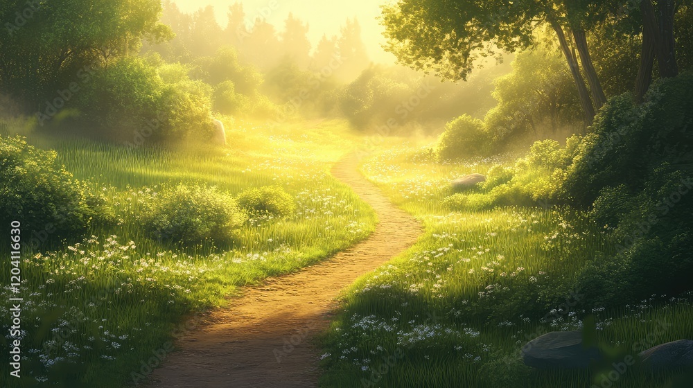 Poster sunlit pathway through lush green meadow with trees and misty background copy space