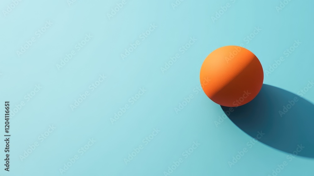 Poster minimalist composition of a single orange sphere casting a shadow on a light blue background with am