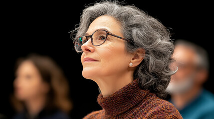 thoughtful woman with gray hair and glasses listens intently during discussion. Her expression reflects curiosity and engagement in conversation