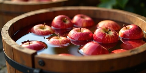 A Wooden Tub Filled with Fresh, Juicy Apples Submerged in Water, Ready for a Refreshing Autumn Treat