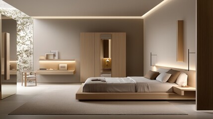 A modern, minimalist bedroom featuring wooden furnishings, soft lighting, and a serene atmosphere, promoting relaxation and comfort.