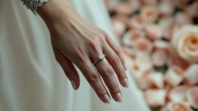 Beautiful and gentle hand of the bride with a wedding ring
