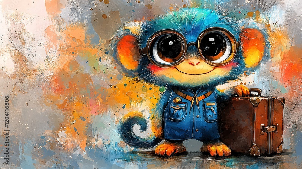 Poster a monkey in goggles with a suitcase in front of a suitcase painting