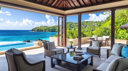 Fototapeta premium Elegant cliffside villa living area, floor-to-ceiling windows framing a tranquil seascape of turquoise waters and sunlit waves.