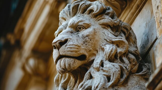 Detailed close-up of a stone lion sculpture with intricate details and texture against an architectural backdrop with Copy Space