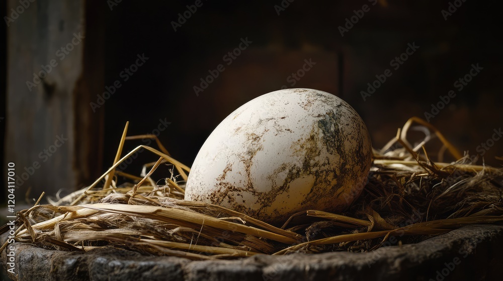 Poster Egg placed on straw in a rustic setting with dark background and soft lighting Copy Space
