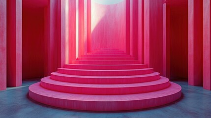 Vibrant pink staircase in a modern architectural space with smooth textures and soft lighting