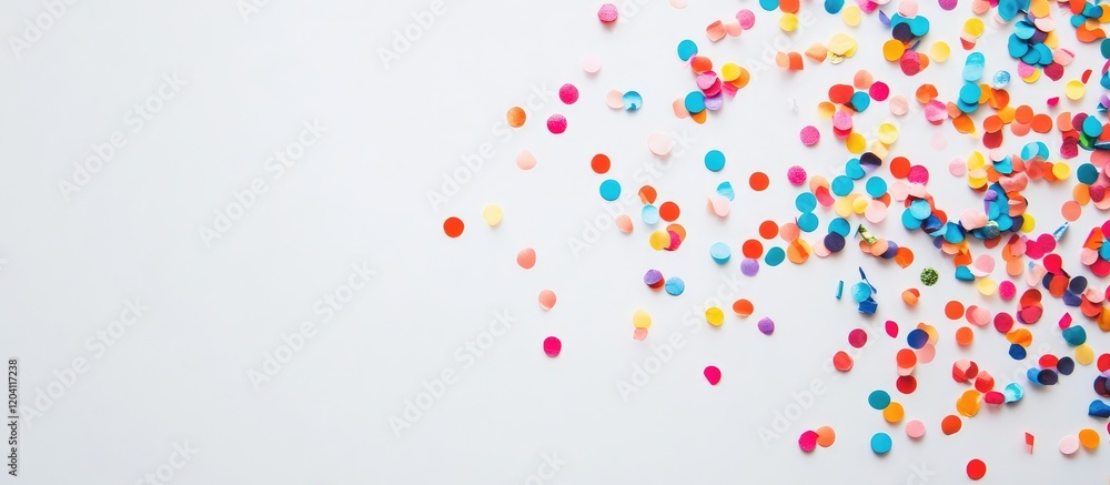 Poster colorful confetti scattered on a white background with ample copy space for text or design elements