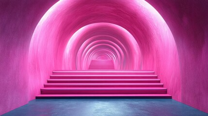 Vibrant pink tunnel with illuminated arches and stairs leading to a bright background, creating an inviting atmosphere