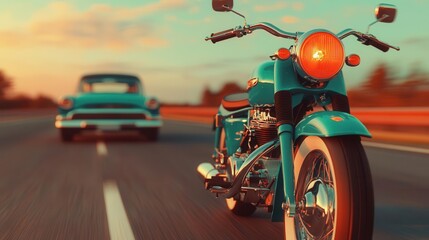 Fototapeta premium Vintage motorcycle in focus, blurred antique car driving by, motion and stillness, soft sunset hues, artistic contrast, retro journey
