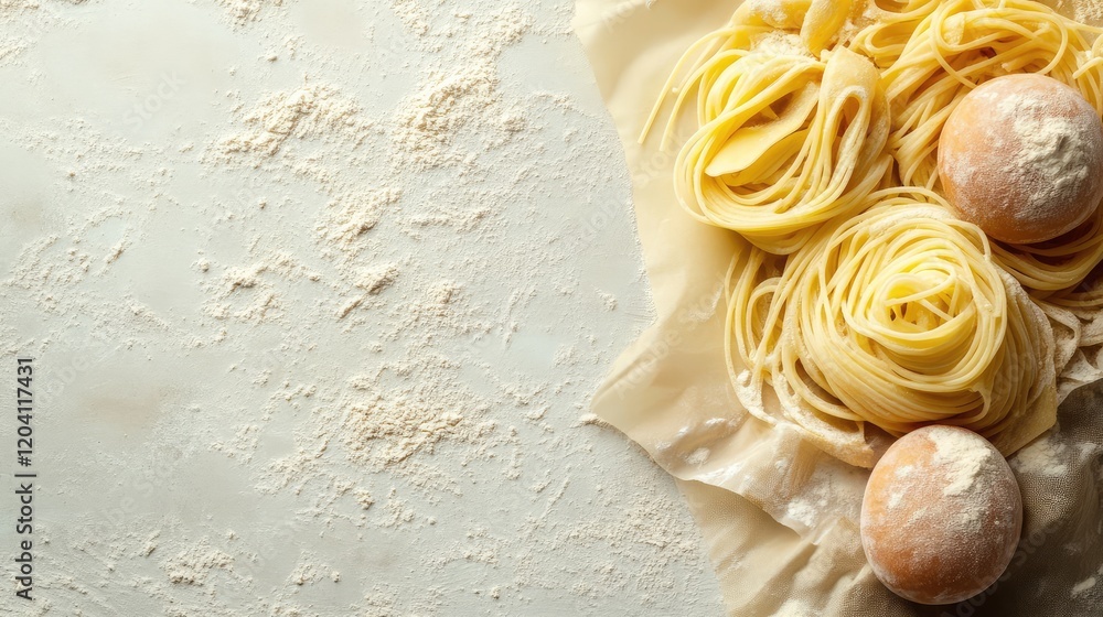 Poster raw pasta and flour arranged on a light surface with eggs for cooking copy space for text placement