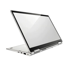 Sleek and modern laptop with touch screen, compact portable design, isolated PNG cutout for office workspace, business, tech, and productivity, 2025 innovation, multimedia device, and professional gad