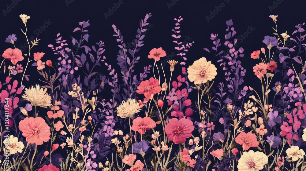 Poster floral pattern illustration with a variety of colorful flowers on a dark background featuring copy s