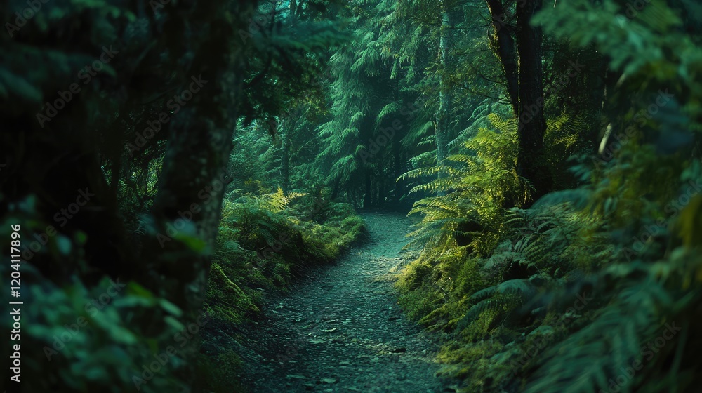 Poster misty forest path surrounded by lush green ferns and trees with soft natural lighting and copy space