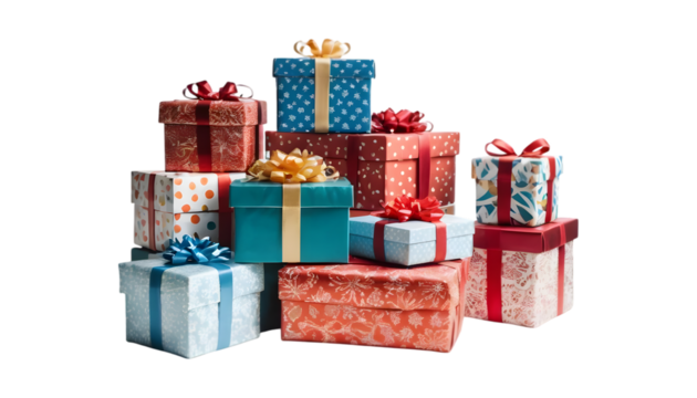 Stack of colorful wrapped gifts with ribbons.