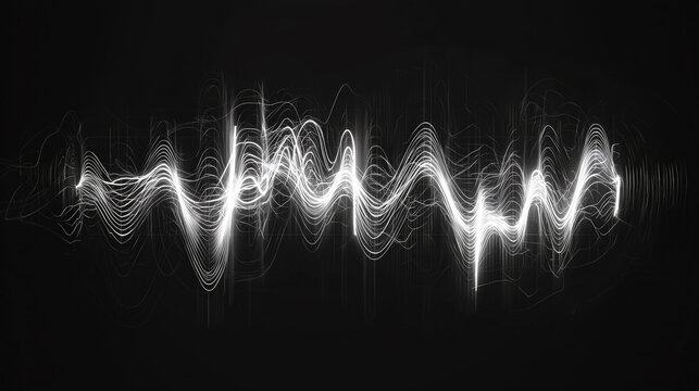This modern and sleek spectrogram design features glowing white waveform patterns set against a deep black background.  Generative AI