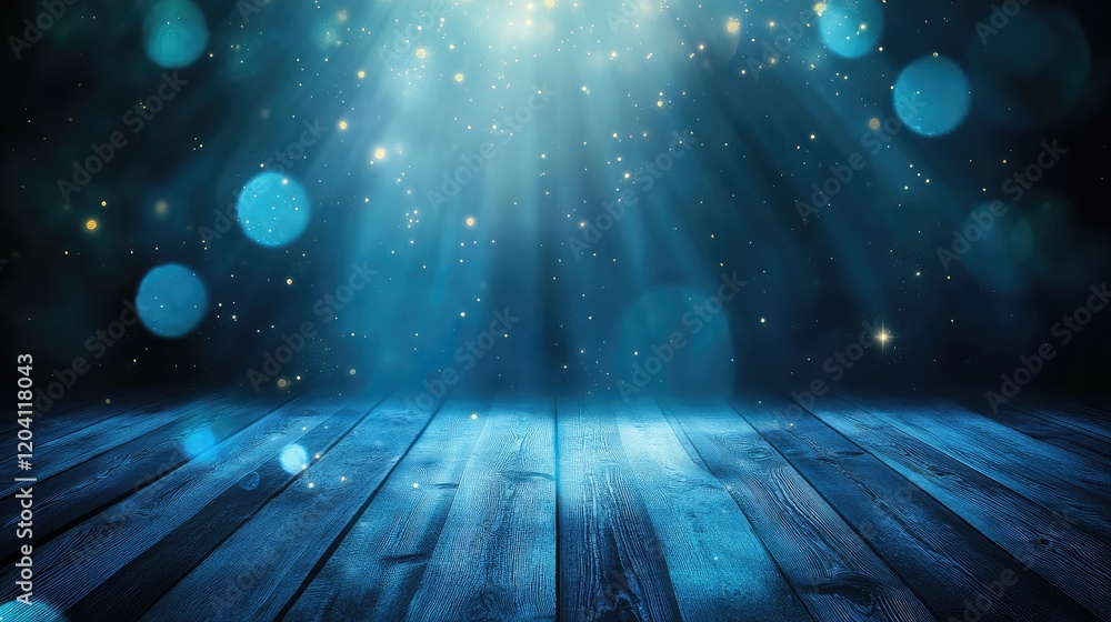 Poster blue sparkling light rays with bokeh effects on dark background over wooden floor with copy space fo
