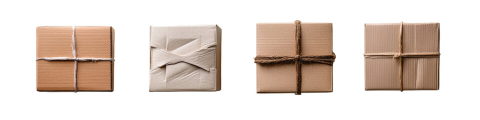 Three wrapped presents tied with string on a wooden surface for holiday or birthday celebrations isolated on a white background