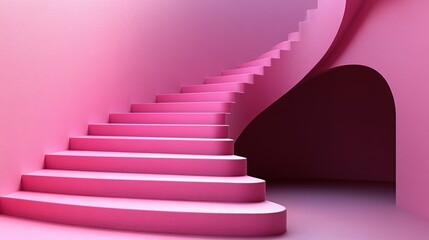 Elegant pink spiral staircase in a modern interior setting, showcasing minimalistic design and soft lighting