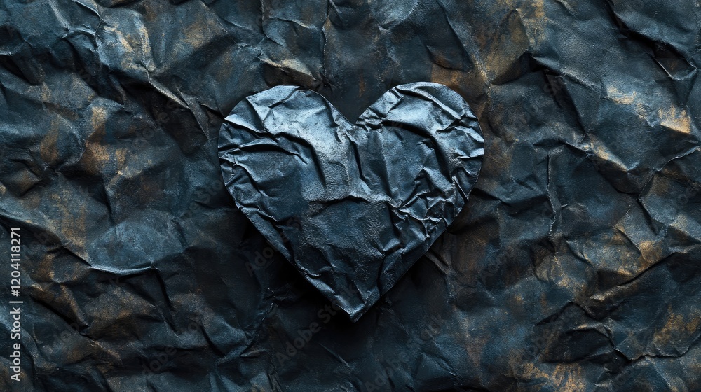 Aufkleber crumpled black paper heart on textured dark background with copy space for text or design elements