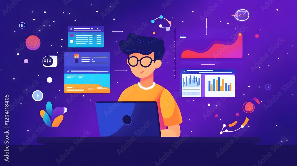 Poster data analysis in digital workspace remote office illustration modern front view technology concepts