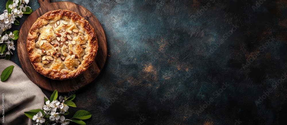 Poster baked pie on a wooden board surrounded by flowers and leaves with dark textured background and ample
