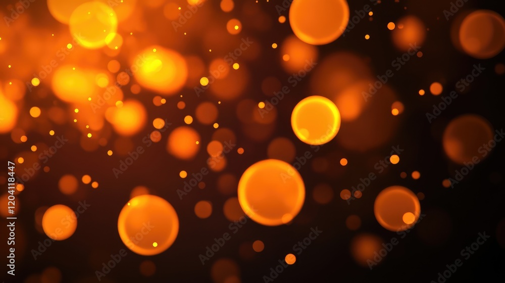 Poster abstract close-up of glowing orange bokeh lights on dark background with copy space for text. soft b