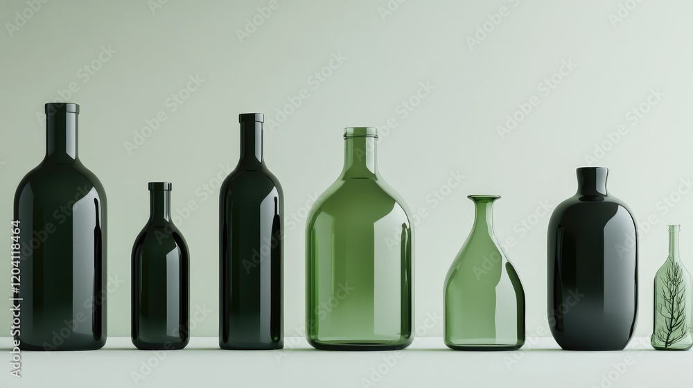 Poster collection of various green glass bottles of different shapes and sizes arranged on a neutral backgr