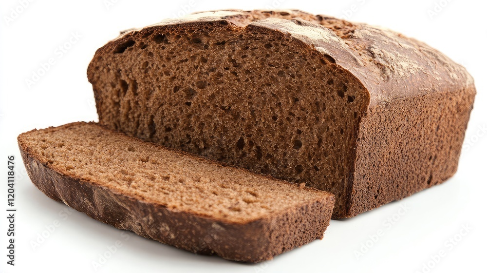 Poster freshly baked whole grain bread loaf with a sliced portion displaying texture and crumb structure on
