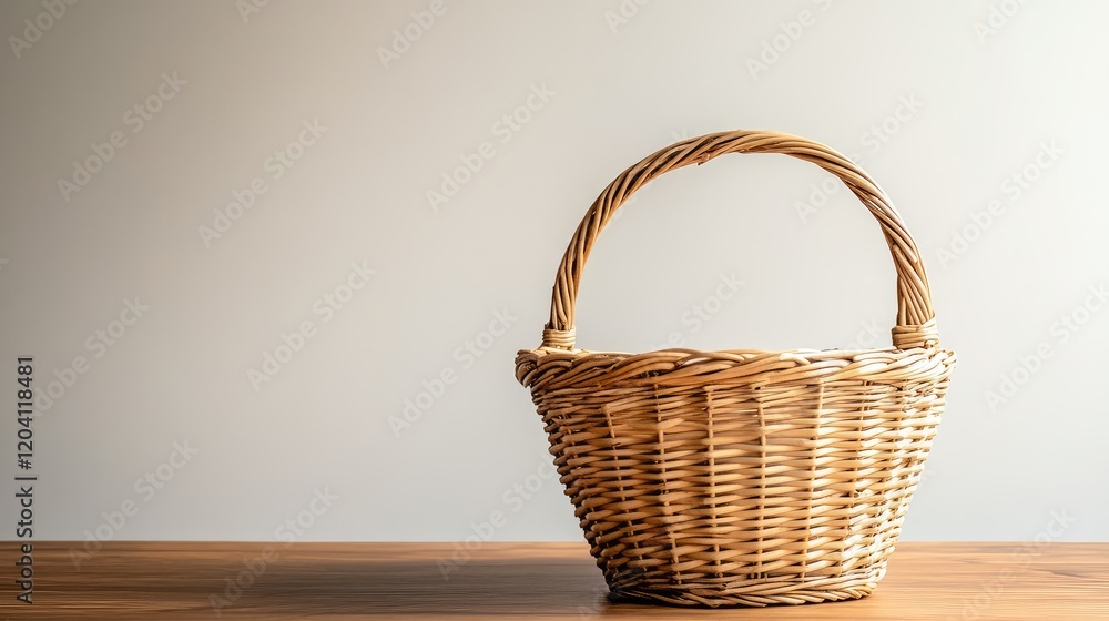 Poster woven wicker basket on wooden surface with neutral background and ample copy space for text placemen