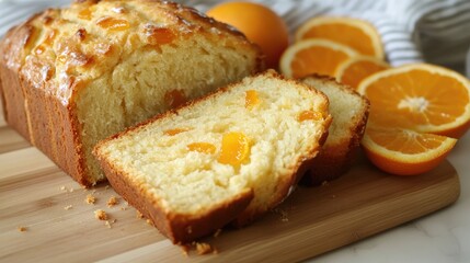 Freshly baked orange loaf cake with sliced pieces on a wooden cutting board surrounded by orange slices and fruit. Copy Space.