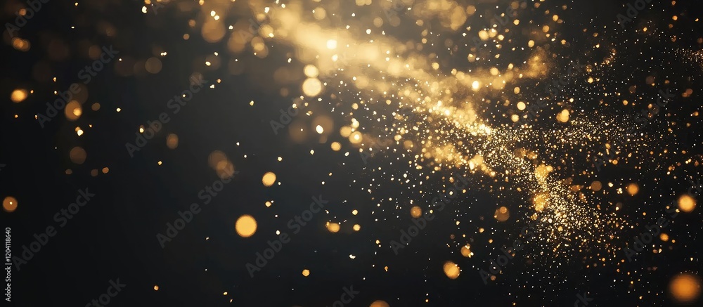 Poster abstract background of golden particles shimmering in a dark space with copy space for text placemen