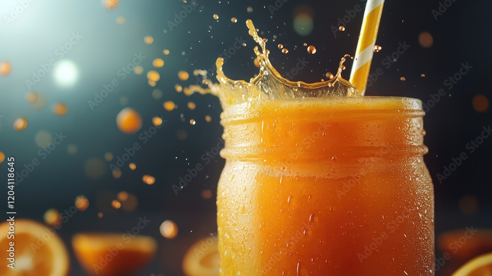 Poster freshly squeezed orange juice in a jar with splashes and a striped straw against a dark background w