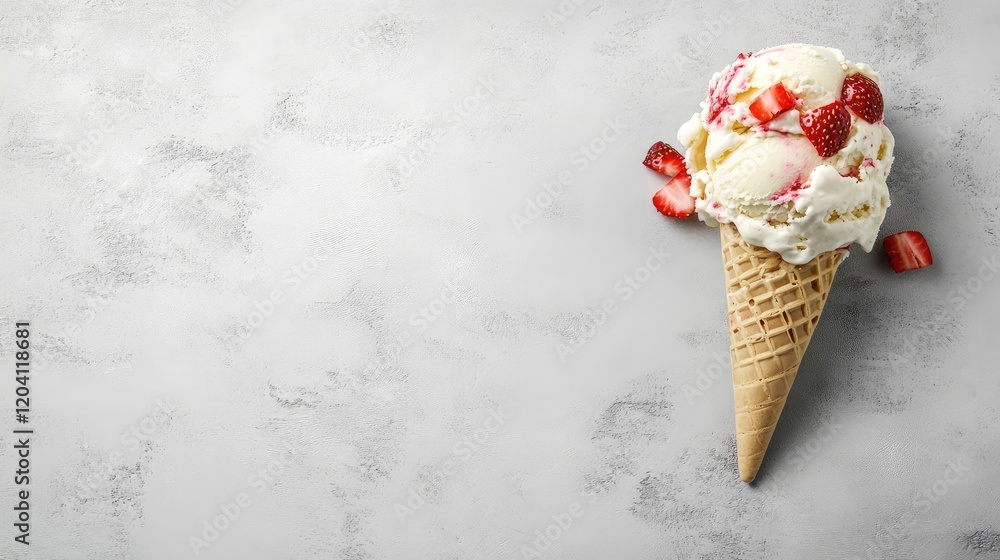Poster ice cream cone with strawberry and vanilla flavor on gray background with copy space for text