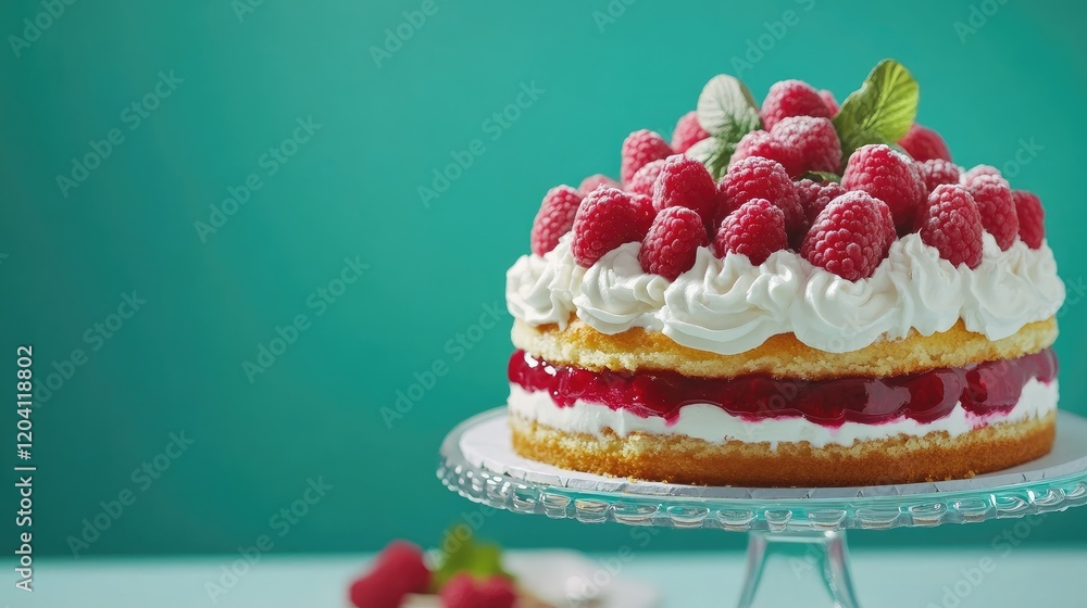 Poster raspberry layer cake with cream frosting and fresh raspberries on top against a solid turquoise back