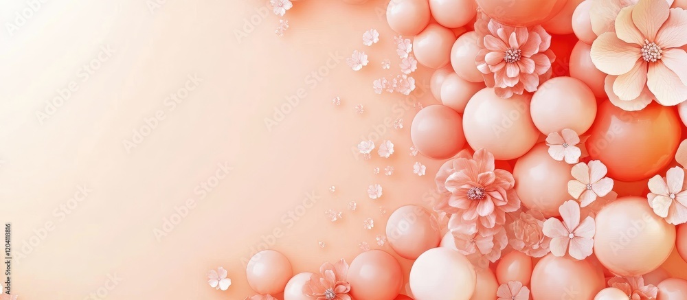 Poster pink floral background with soft spheres and petals, suitable for various design projects, with ampl