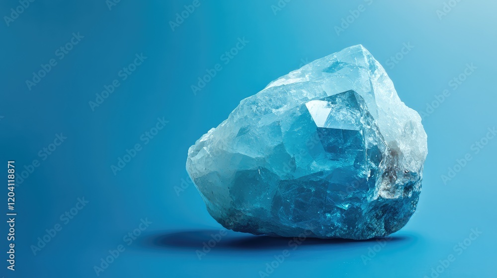 Poster blue mineral crystal on a solid turquoise background showcasing sharp facets with ample copy space f