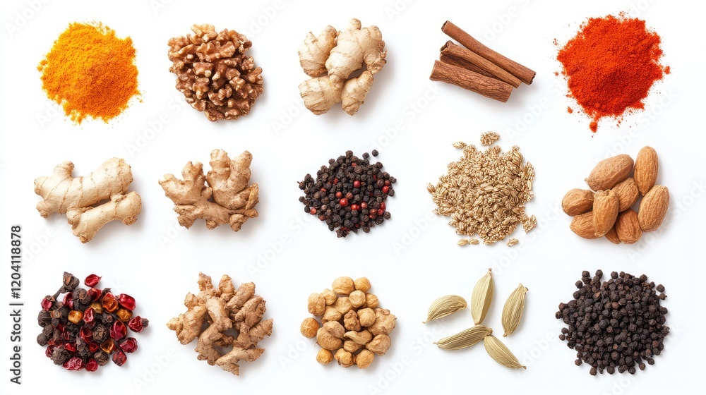Poster Assorted spices and herbs arranged in a grid pattern on a white background with Copy Space for text placement.