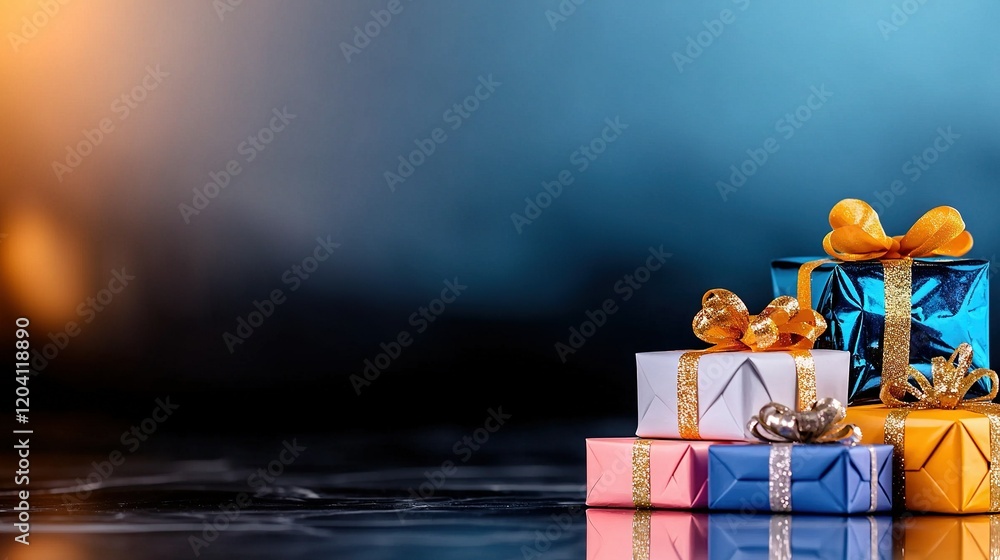 Poster three presents stacked on top of each other on a reflective surface with a blurry background