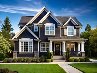Vintage Style Suburban Home: Sleek Black Facade with White Trim Stock Photo