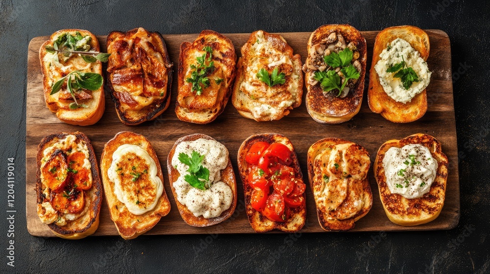 Poster various gourmet toasts displayed on a wooden board with fresh herbs and toppings arranged in a grid 