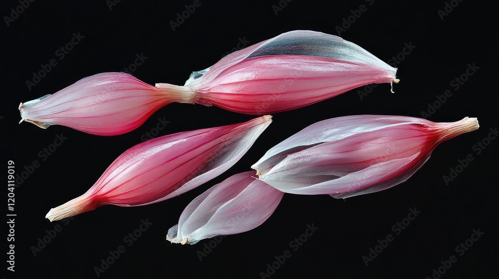 Poster translucent pinkish onion peels arranged on a black background with copy space for text placement.